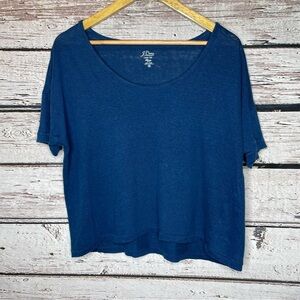 J. Crew Linen Tee Knit Goods XS Oversized Crop Short Sleeve Blue Scoop Neck